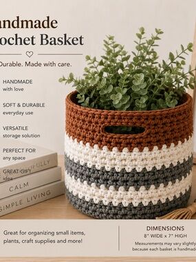 Handmade Crochet Storage Basket - Rust, Cream & Gray